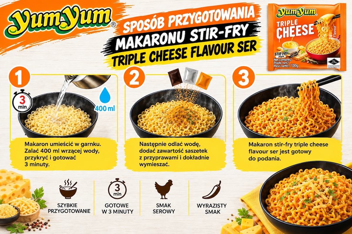 Sposób Przygotowania: Tajski Błyskawiczny Makaron Instant Stir-Fry Triple Cheese Flavour Ser 100g YUM YUM